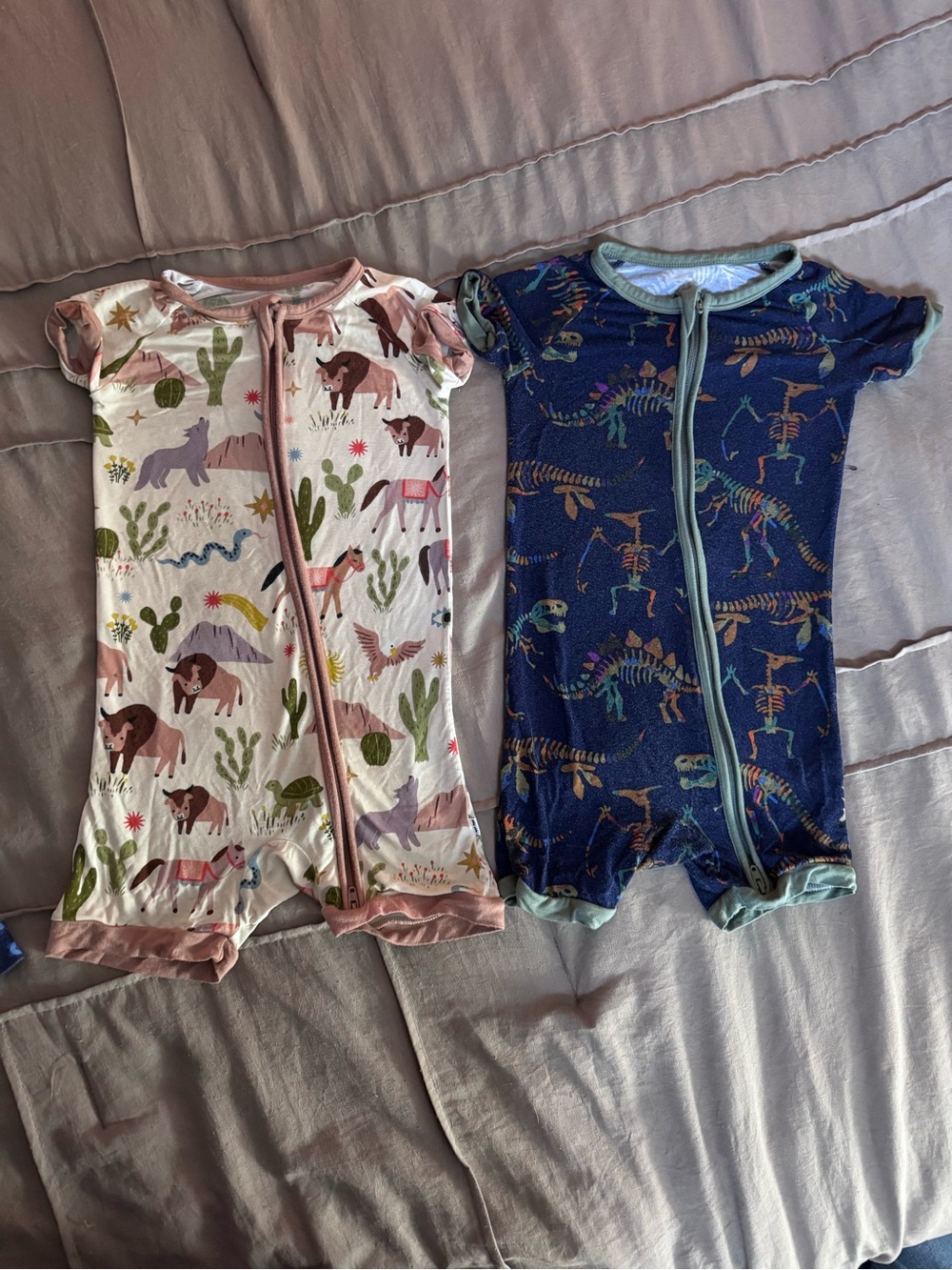 Kids One-Piece Romper - tan Animal Print & Navy Dinosaur Print